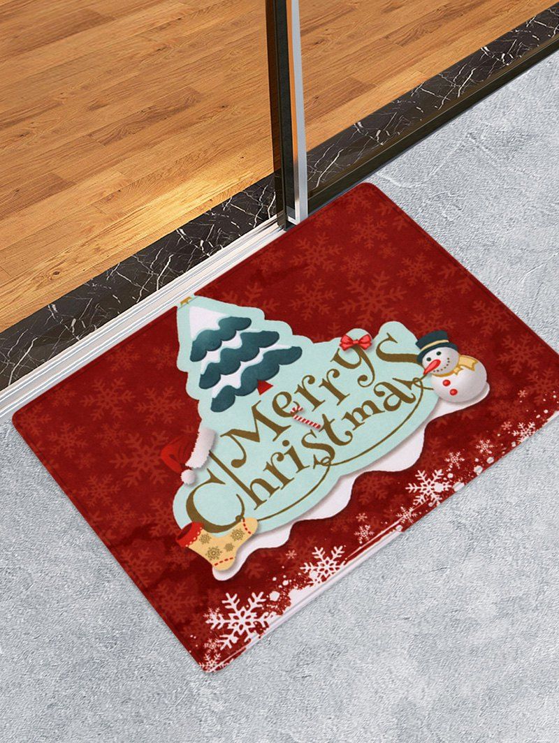 

Merry Christmas Tree Snowman Printed Floor Mat, Lava red