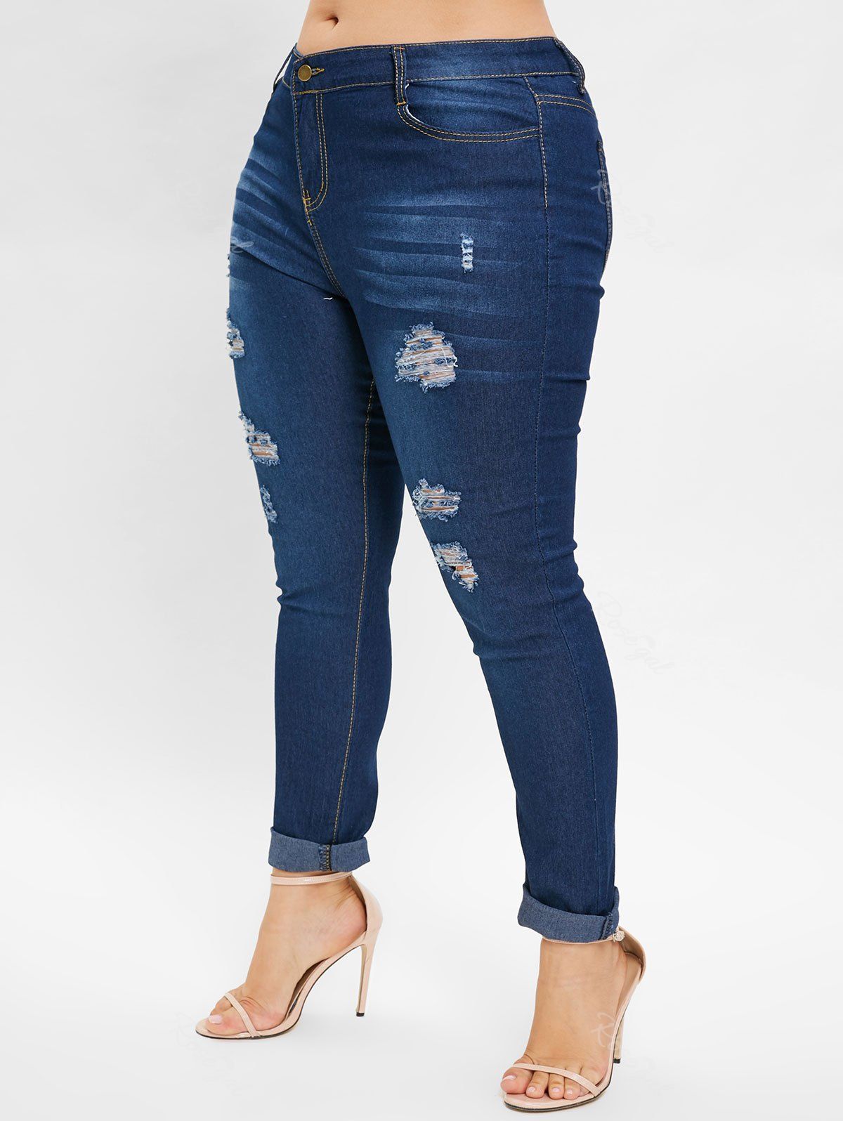 

Plus Size Ripped Jeans with High Waist, Deep blue