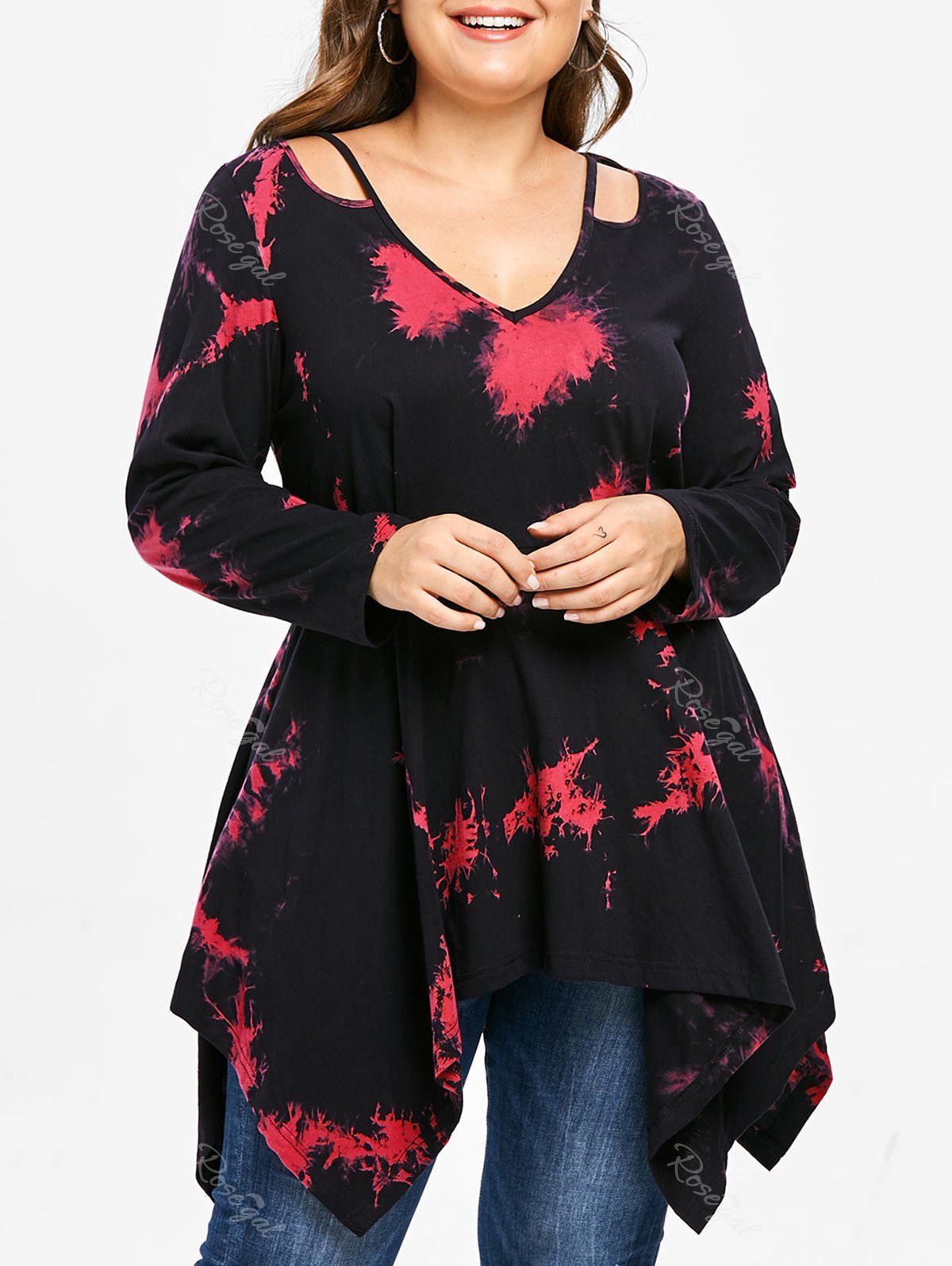 

Plus Size Cutout Handkerchief Tie Dye Tunic Top, Red