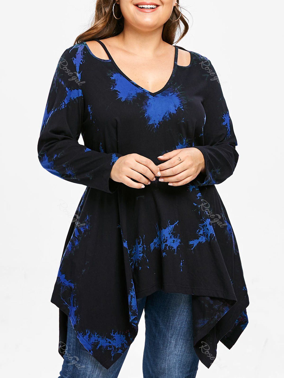 

Plus Size Cutout Handkerchief Tie Dye Tunic Top, Blue