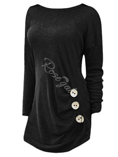 

Plus Size Side Button Detail Long Sleeve T-shirt, Black