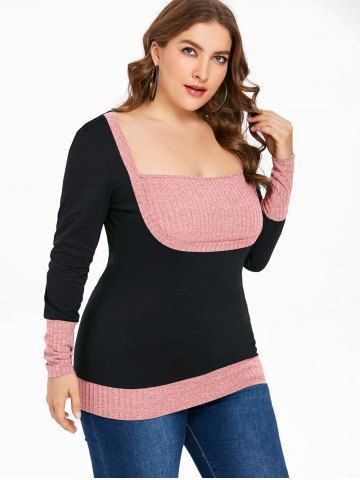 

Color Block Plus Size Square Neck T-shirt, Light pink