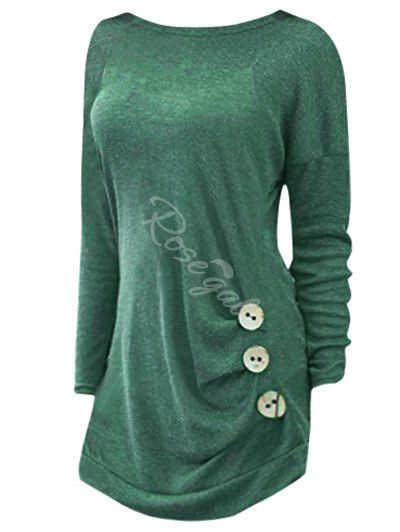

Plus Size Side Button Detail Long Sleeve T-shirt, Green