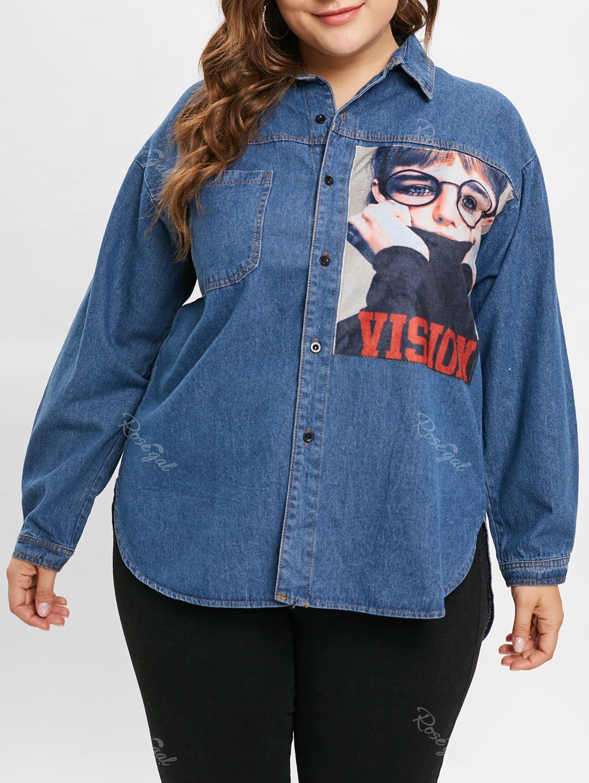 

Plus Size Denim Tunic Shirt Jacket, Denim dark blue