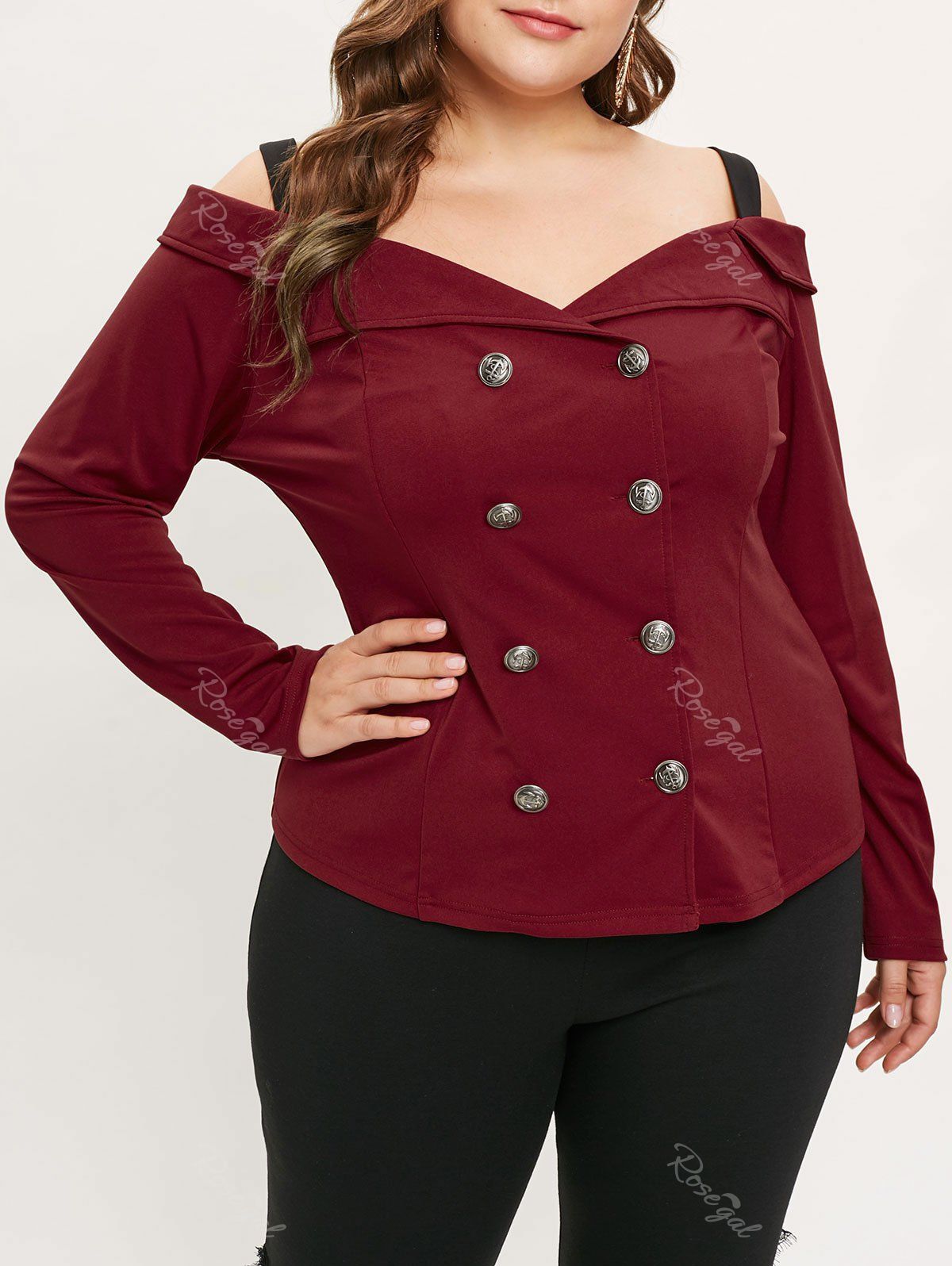 

Button Detail Plus Size V Neck Blouse, Red wine