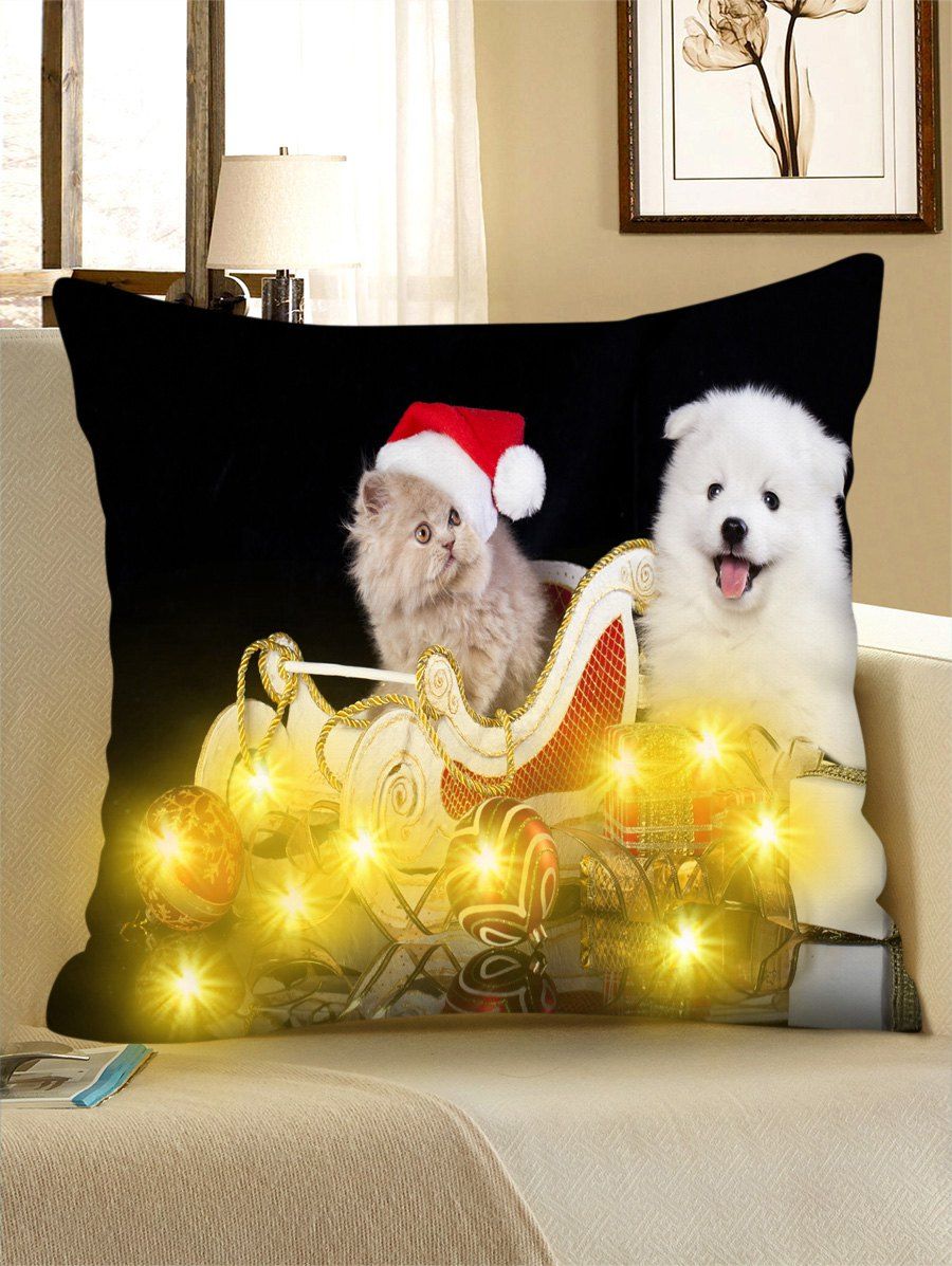 

Christmas Gift Cat Dog Print LED Light Pillowcase, Black