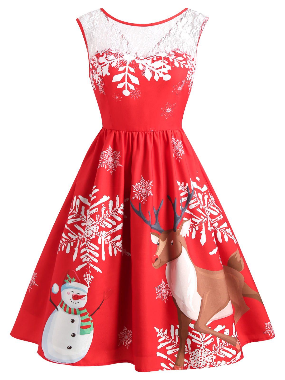 

Christmas Snowflake Print Vintage Dress, Lava red