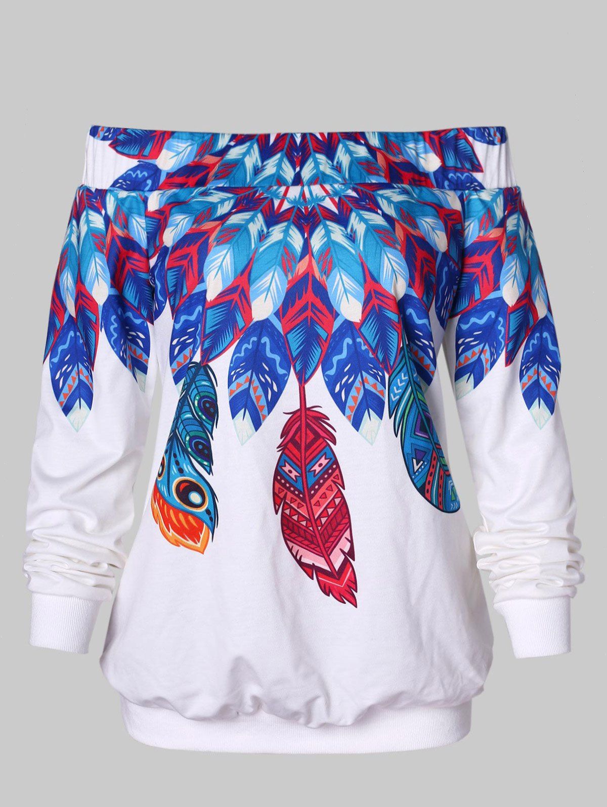

Off The Shoulder Feather Print Sweatshirt, Milk white