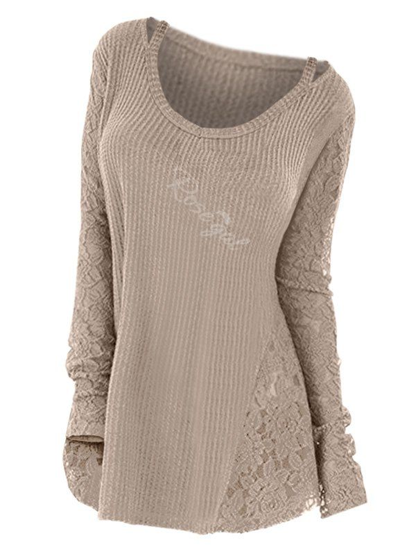 

Plus Size Long Sleeves Cutout Tee with Lace, Light khaki