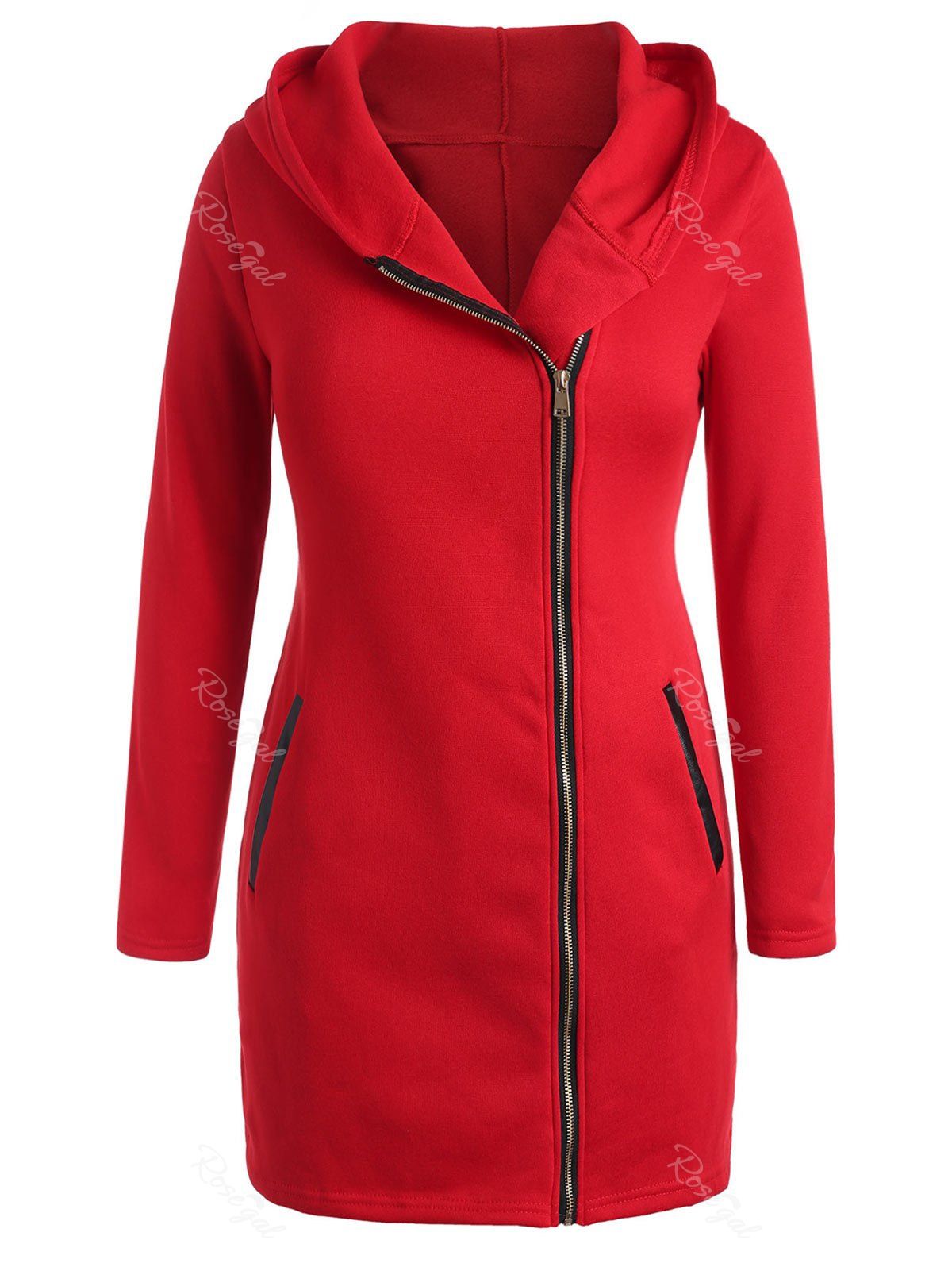 

Plus Size Inclined Zipper Hooded Coat with PU, Red