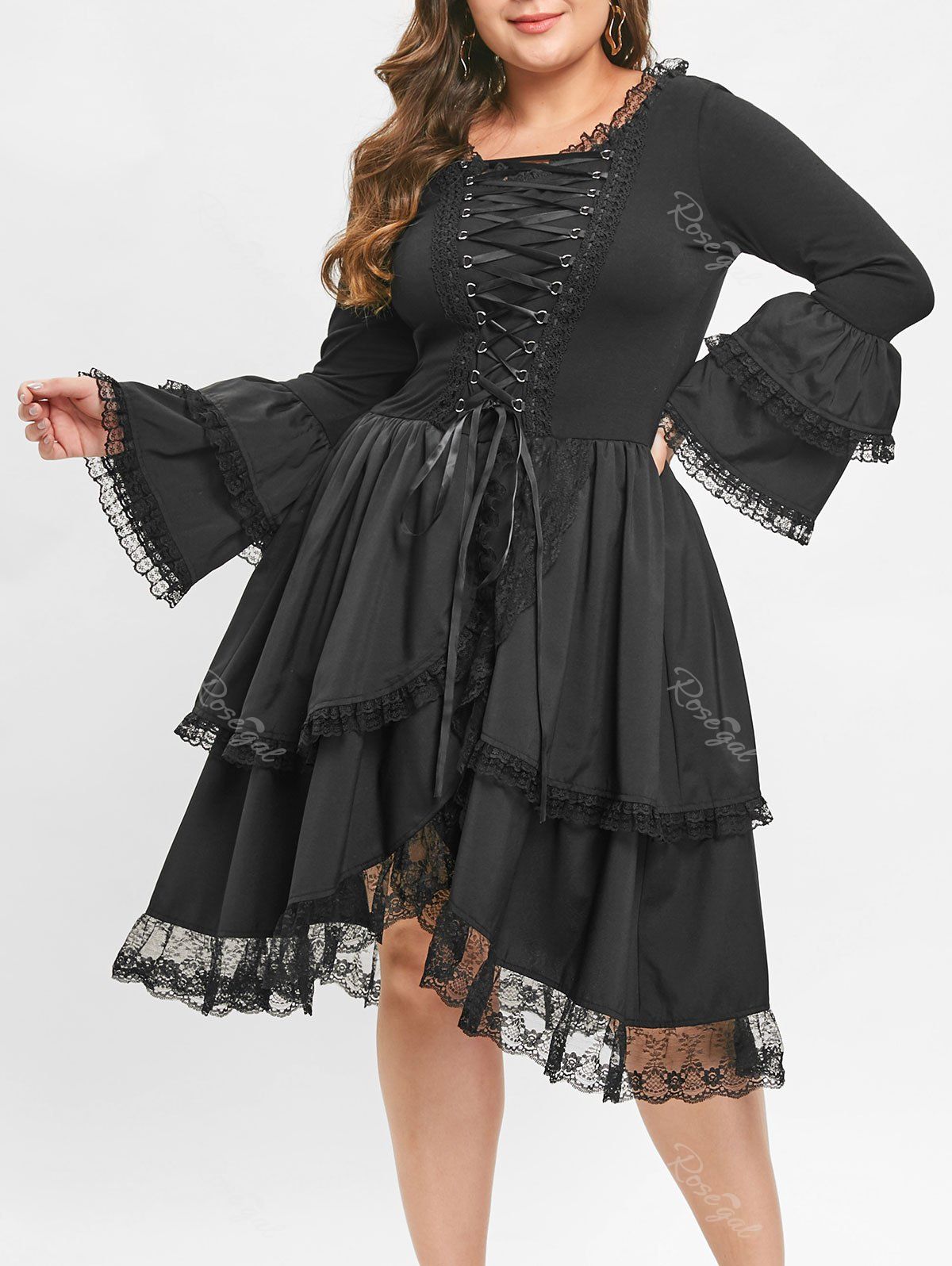 

Plus Size Criss Cross Bell Sleeve Layered Hem Vintage Dress, Black
