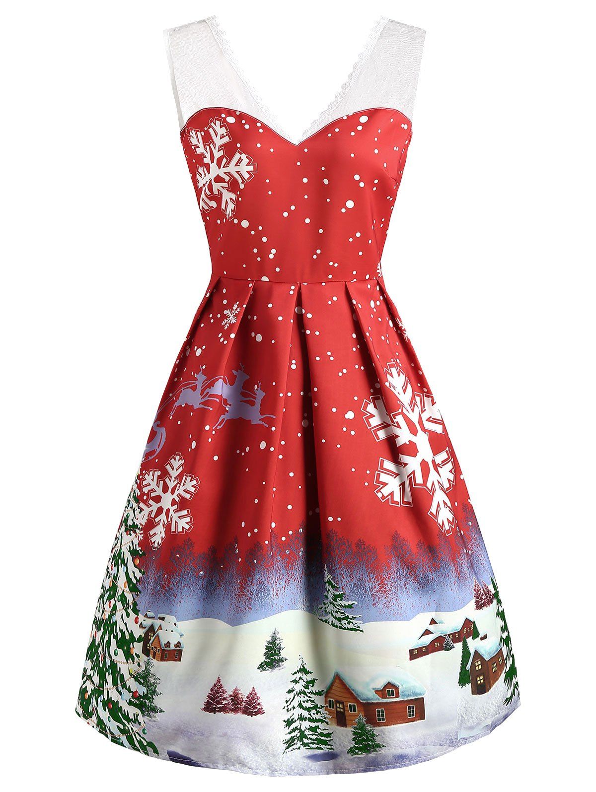 

Christmas Snowflake Print Lace Insert Dress, Lava red
