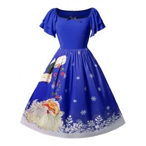 

Christmas Plus Size Santa Claus Print Vintage Dress, Cobalt blue