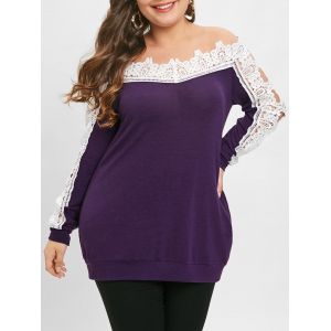

Plus Size Off Shoulder Contrast Lace Tee, Purple iris