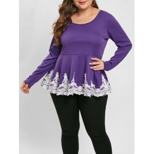 

Plus Size Long Sleeve Lace Panel Peplum Top, Purple