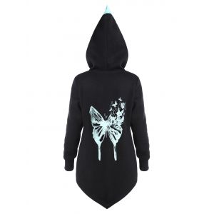 

Colorblock Butterfly Print Asymmetric Hoodie, Black