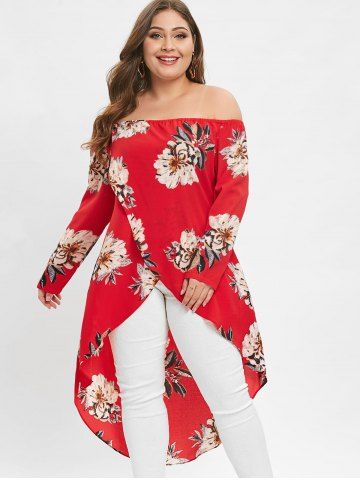 

Plus Size Off Shoulder Floral Maxi Blouse, Red