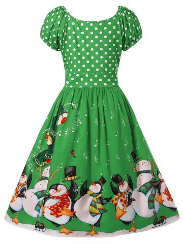 

Christmas Plus Size Penguin Print Flare Dress, Clover green