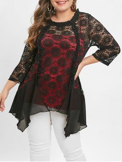 Plus Size Cami Top and Sheer Lace Irregular Blouse - BLACK - 4X