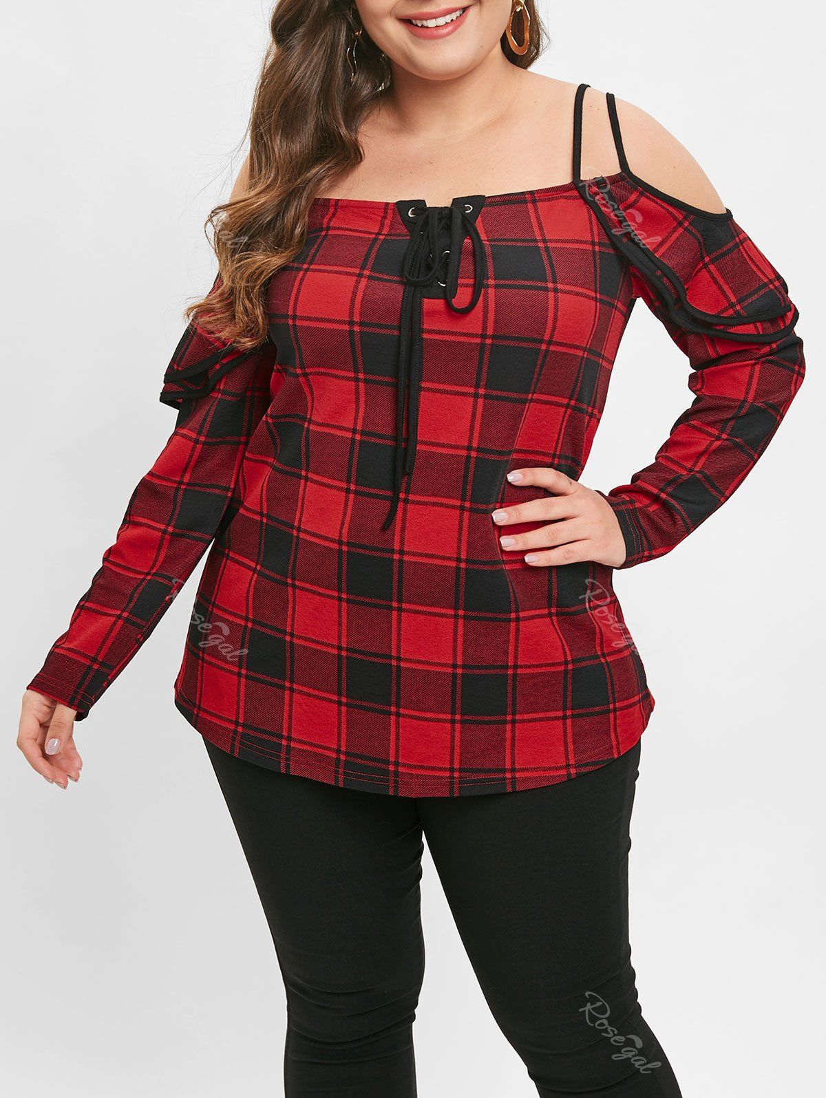 

Plus Size Lace Up Flounce Plaid Top, Red wine