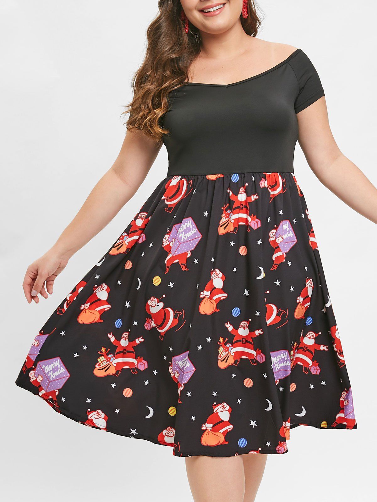 

Christmas Plus Size Off Shoulder Santa Claus Vintage Dress, Black