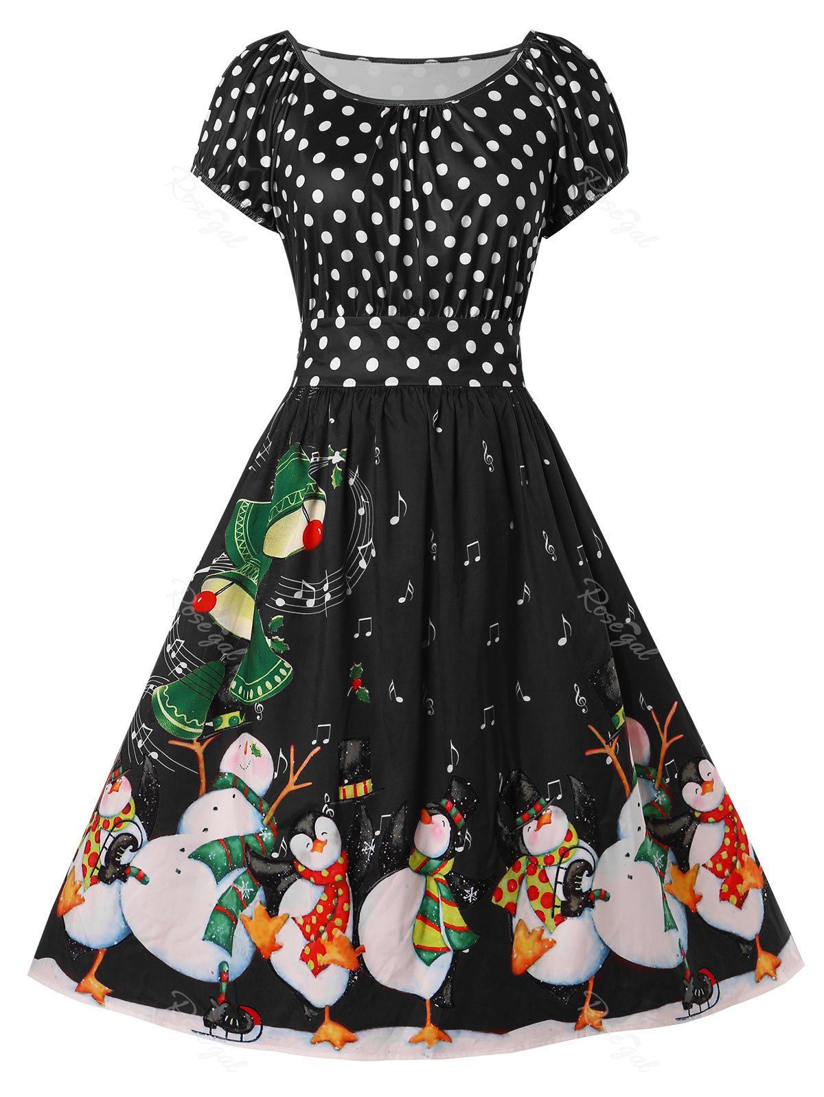 

Christmas Plus Size Penguin Print Flare Dress, Black