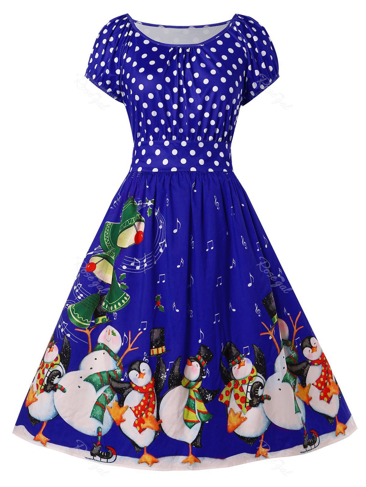 

Christmas Plus Size Penguin Print Flare Dress, Cobalt blue