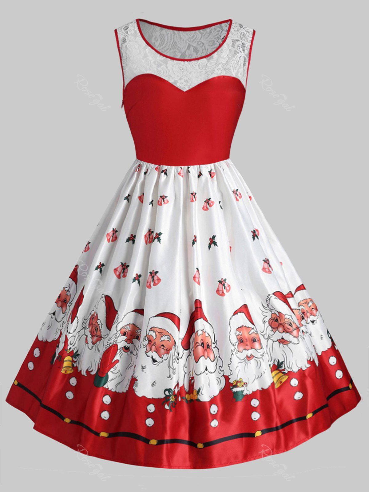 

Plus Size Vintage Lace Panel Christmas Santa Claus Dress, Red