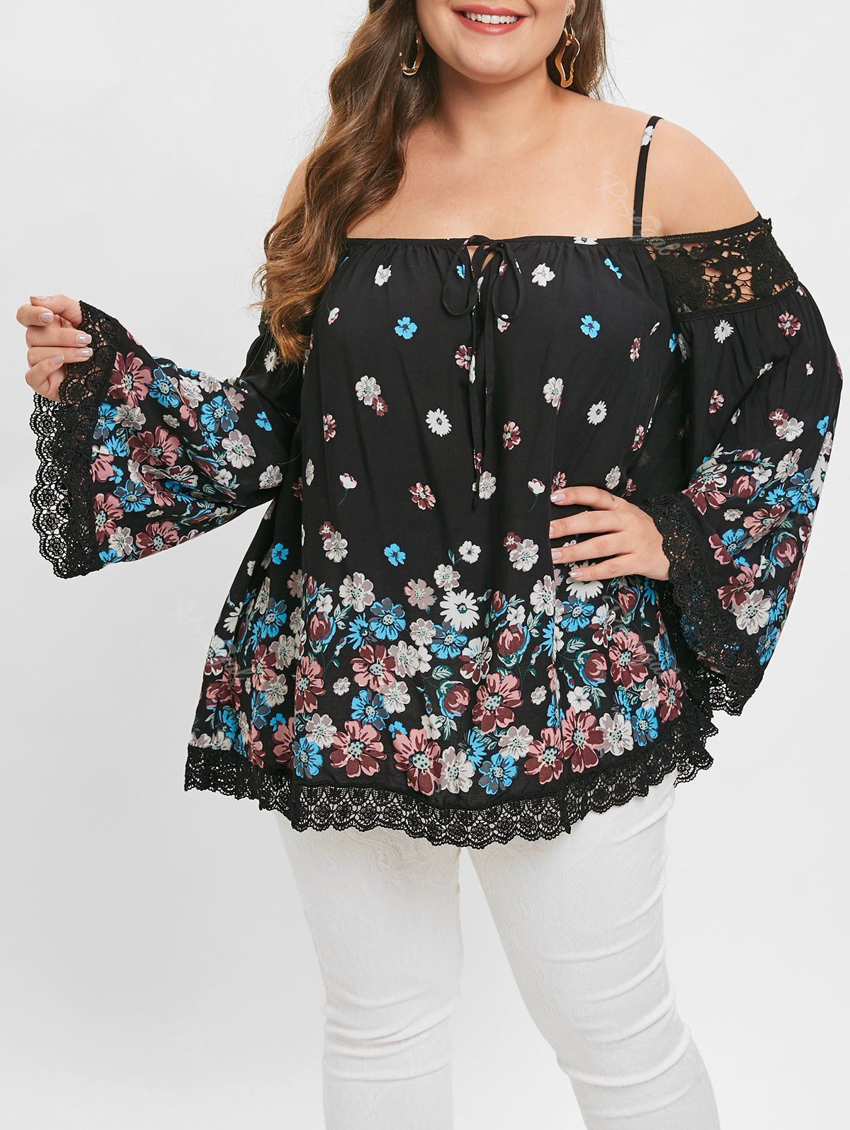 

Plus Size Flower Cold Shoulder Blouse, Black