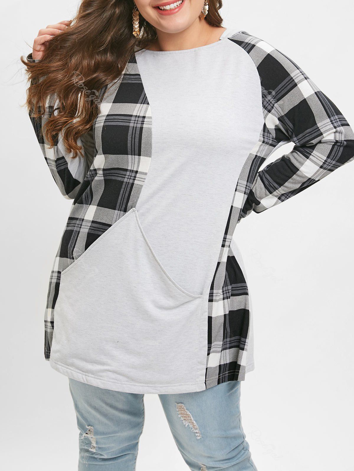 

Plus Size Plaid Hooded Splicing T-shirt, Light gray
