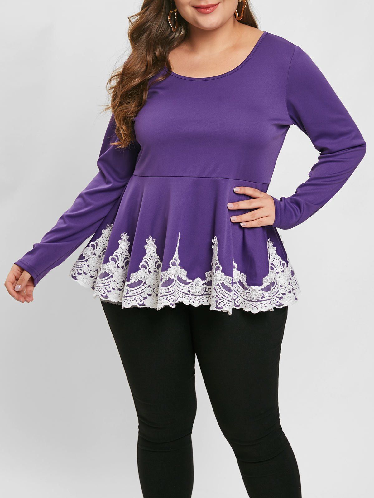 

Plus Size Long Sleeve Lace Panel Peplum Top, Purple