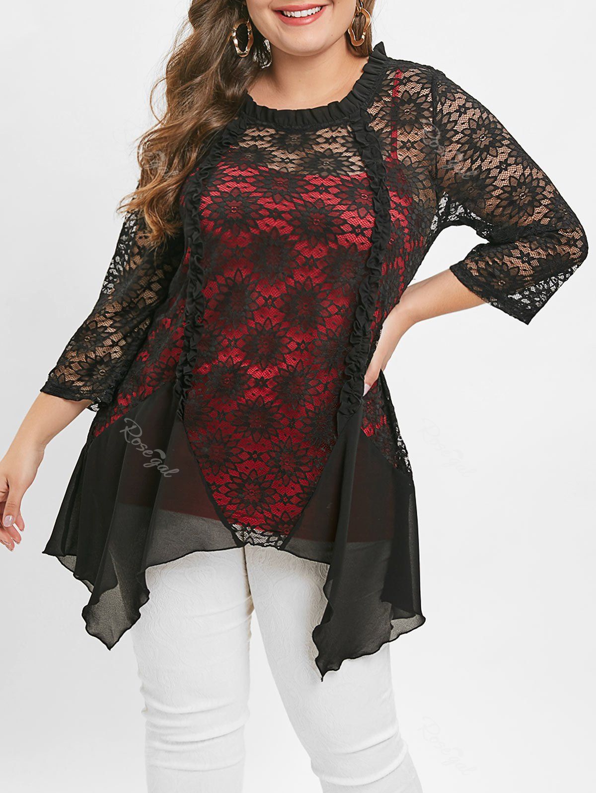 

Plus Size Cami Top and Sheer Lace Irregular Blouse, Black