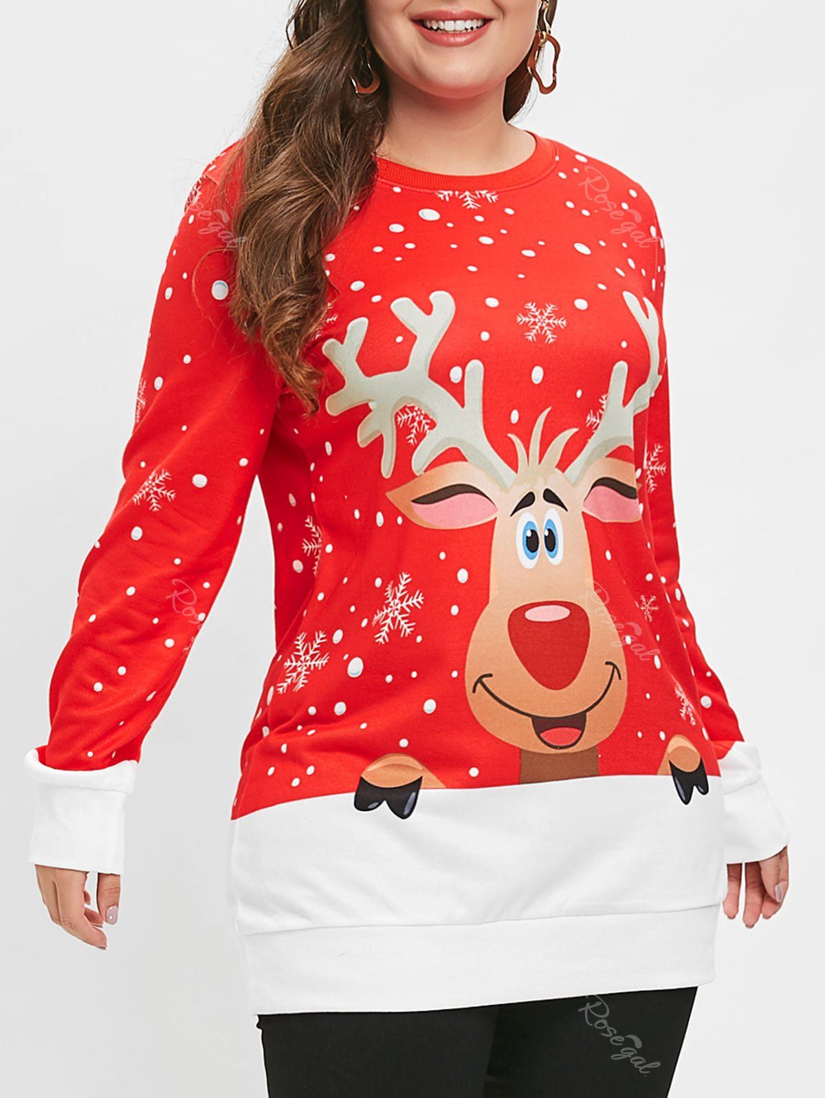 

Plus Size Snowflake Reindeer Print Christmas Sweatshirt, Lava red