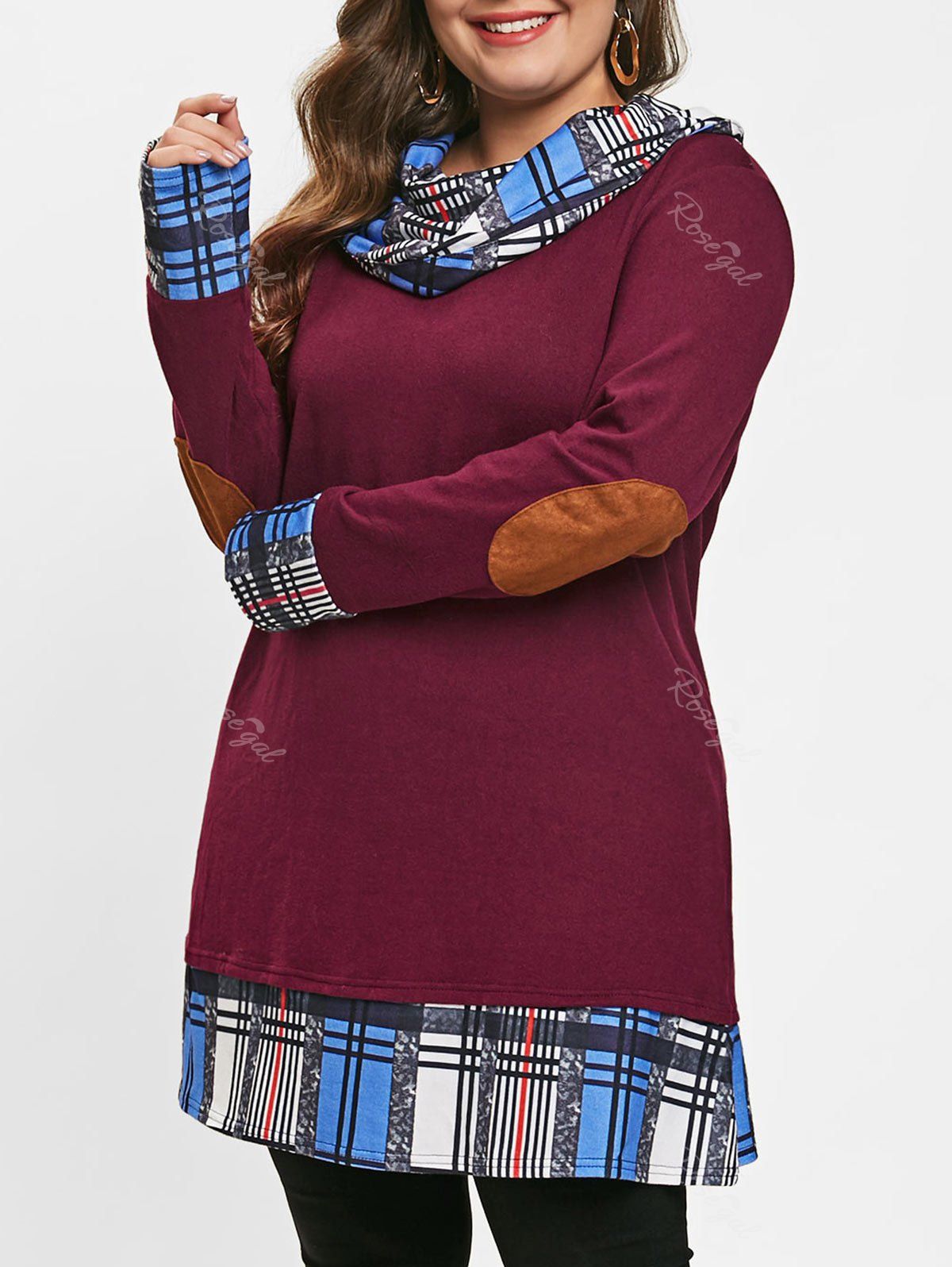 

Cowl Neck Long Sleeve Plaid Hem Plus Size Tunic T-shirt, Red wine