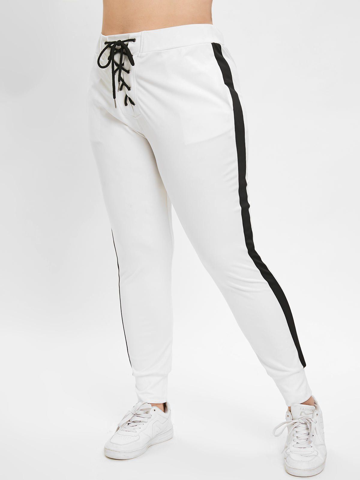 

Plus Size Two Tone Pants with Lace Up, White