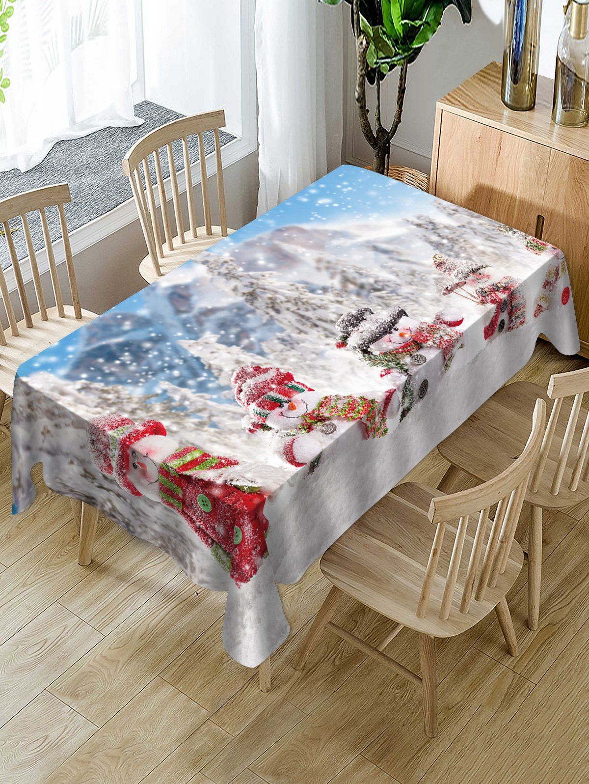 

Snowmen and Snow Scenery Print Christmas Table Cloth, White