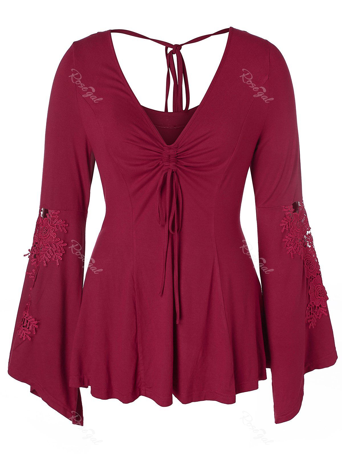 

Plus Size Lace Applique Tied Bell Sleeve T-shirt, Red