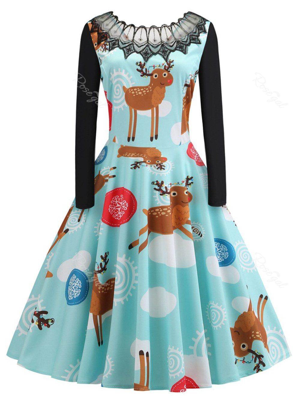 

Plus Size Vintage Christmas Elk Flare Dress with Lace, Multi