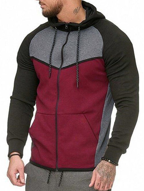 

Color Block Zipper Casual Drawstring Hoodie, Firebrick