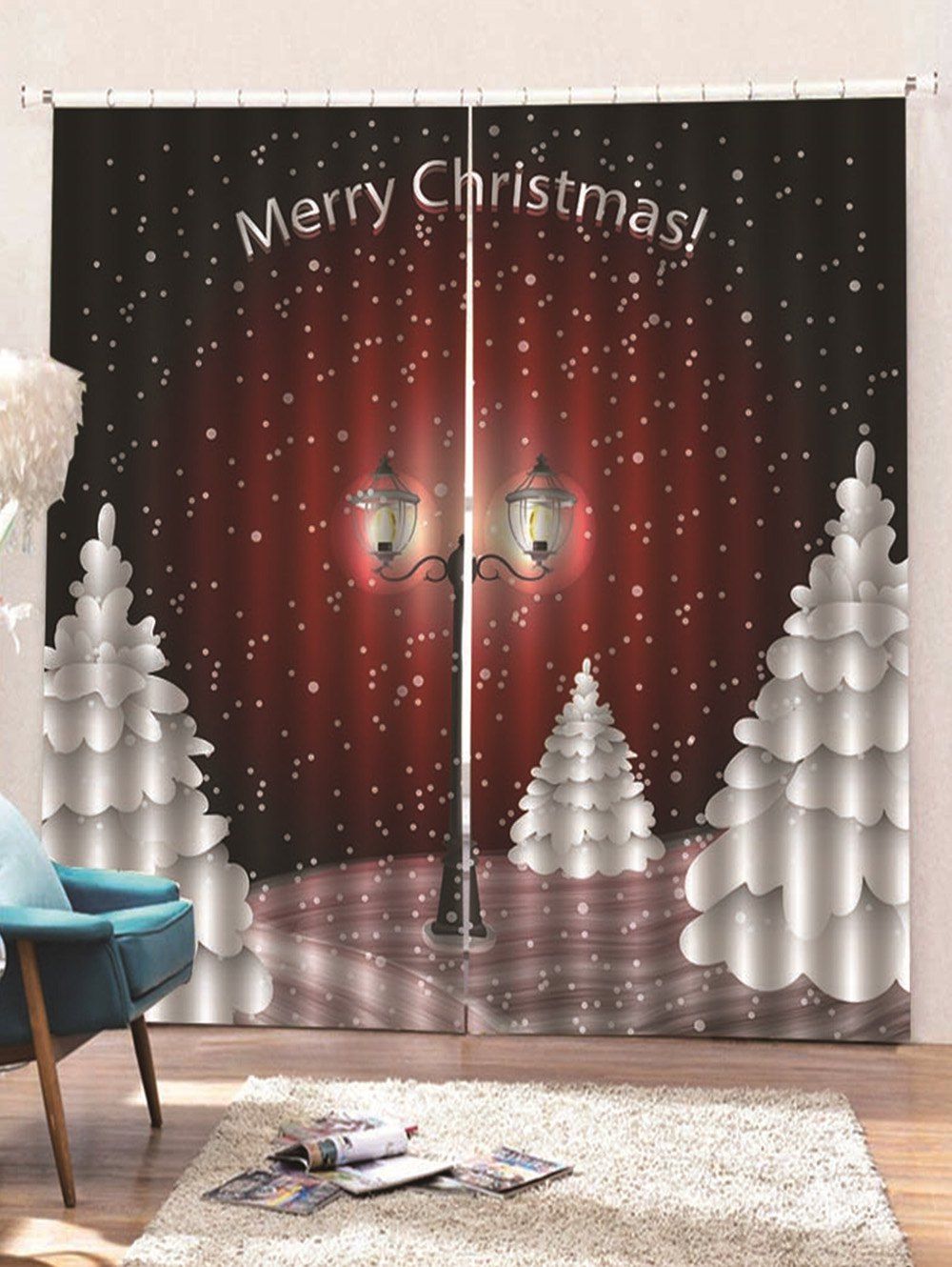 

2 Panels Christmas Night Streetlight Print Window Curtains, Multi