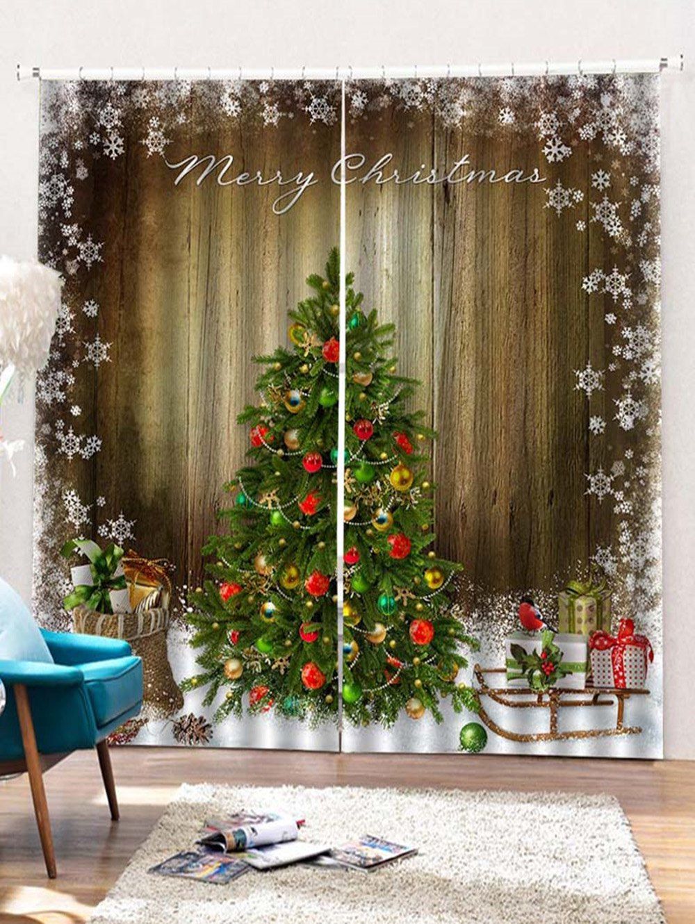 

2 Panels Christmas Tree Wood Grain Print Window Curtains, Multi