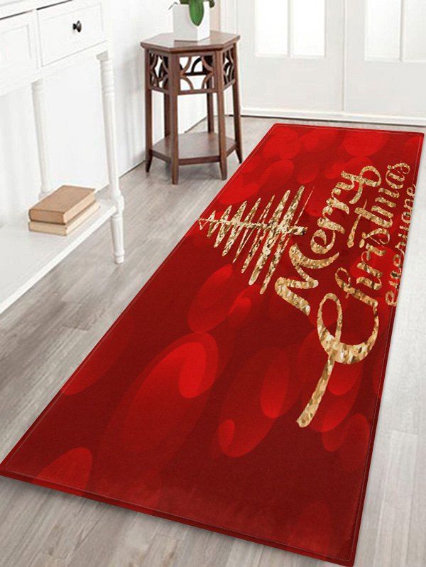 

Merry Christmas Tree Printed Fleece Floor Mat, Red wine