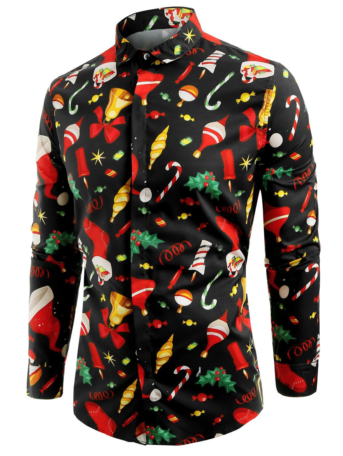 

Christmas Elements Print Long Sleeve Shirt, Black