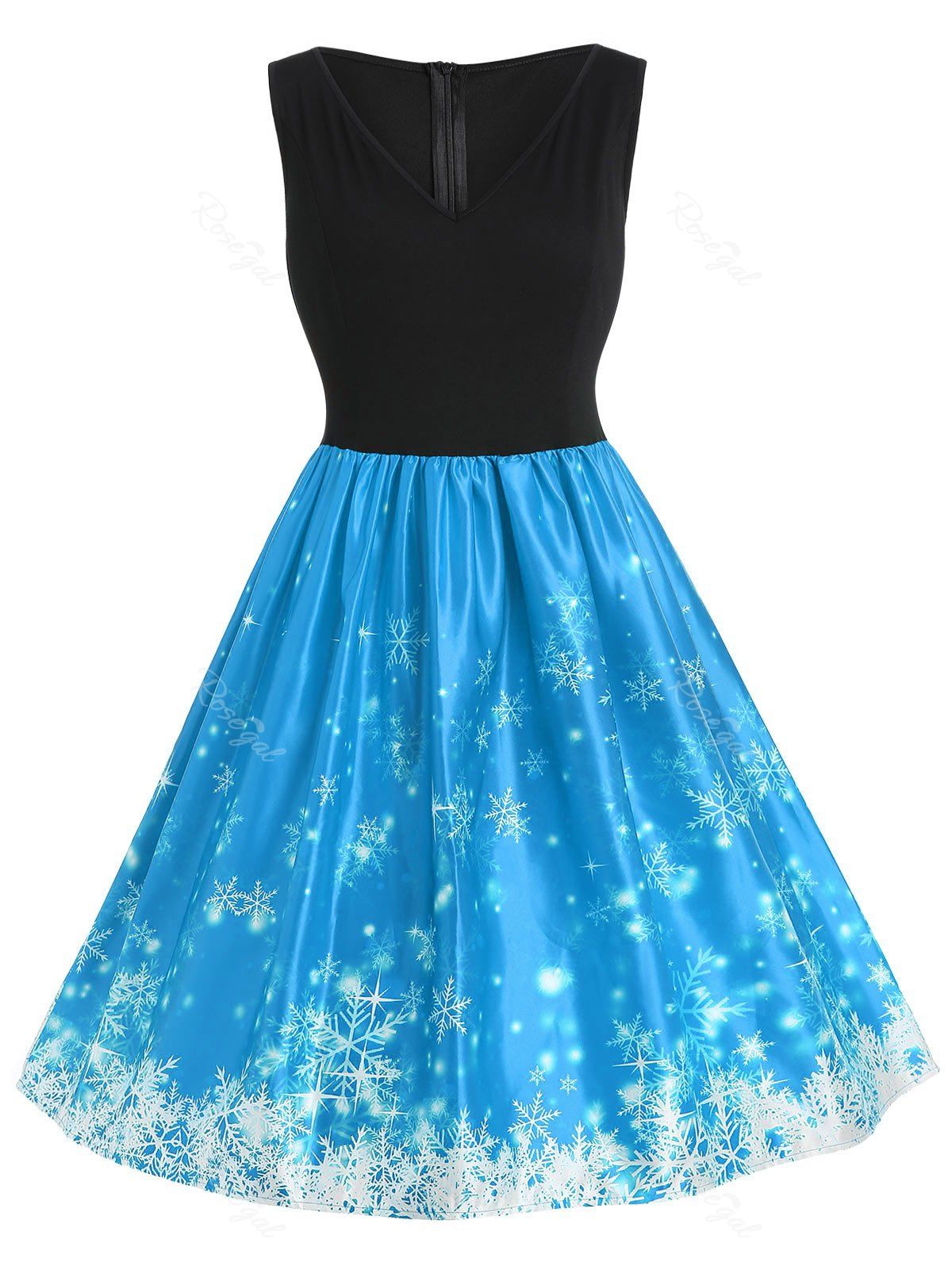 

Plus Size Christmas Snowflake Vintage Flare Dress, Deep sky blue