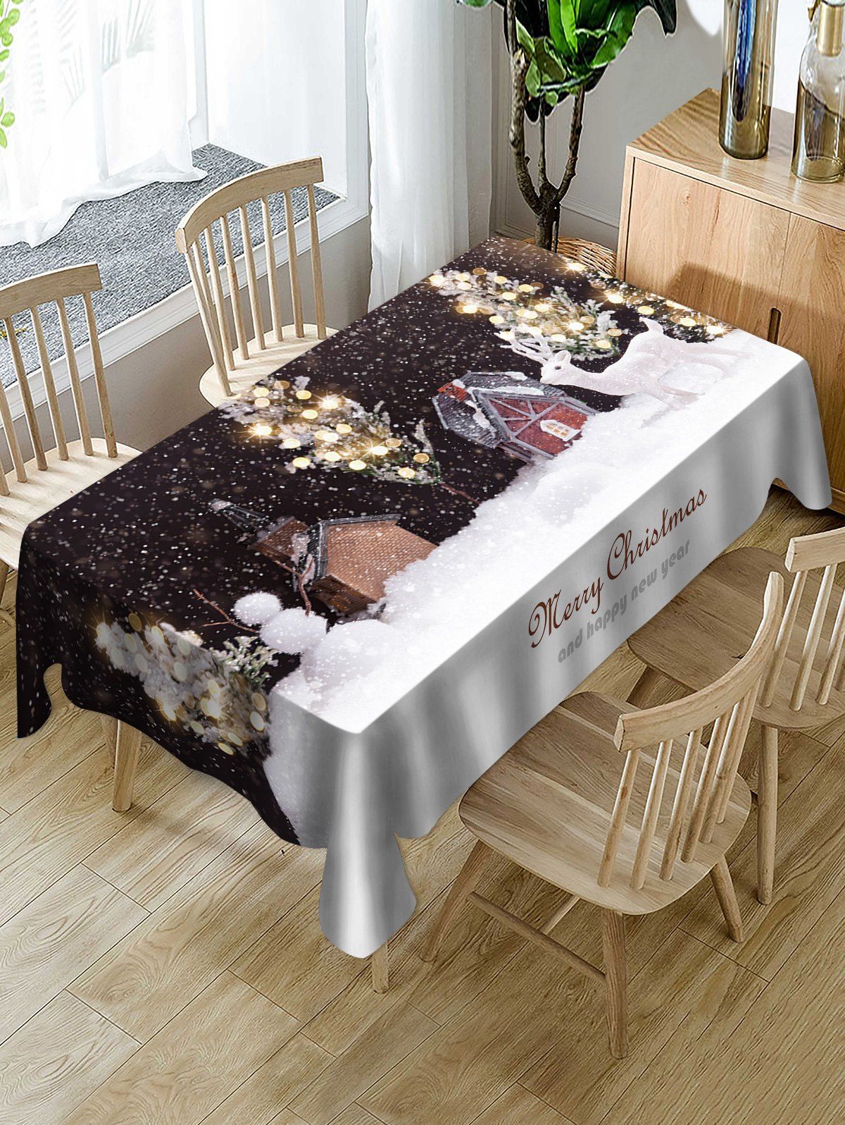 

Christmas Night Snow Scenery Print Table Cloth, Multi