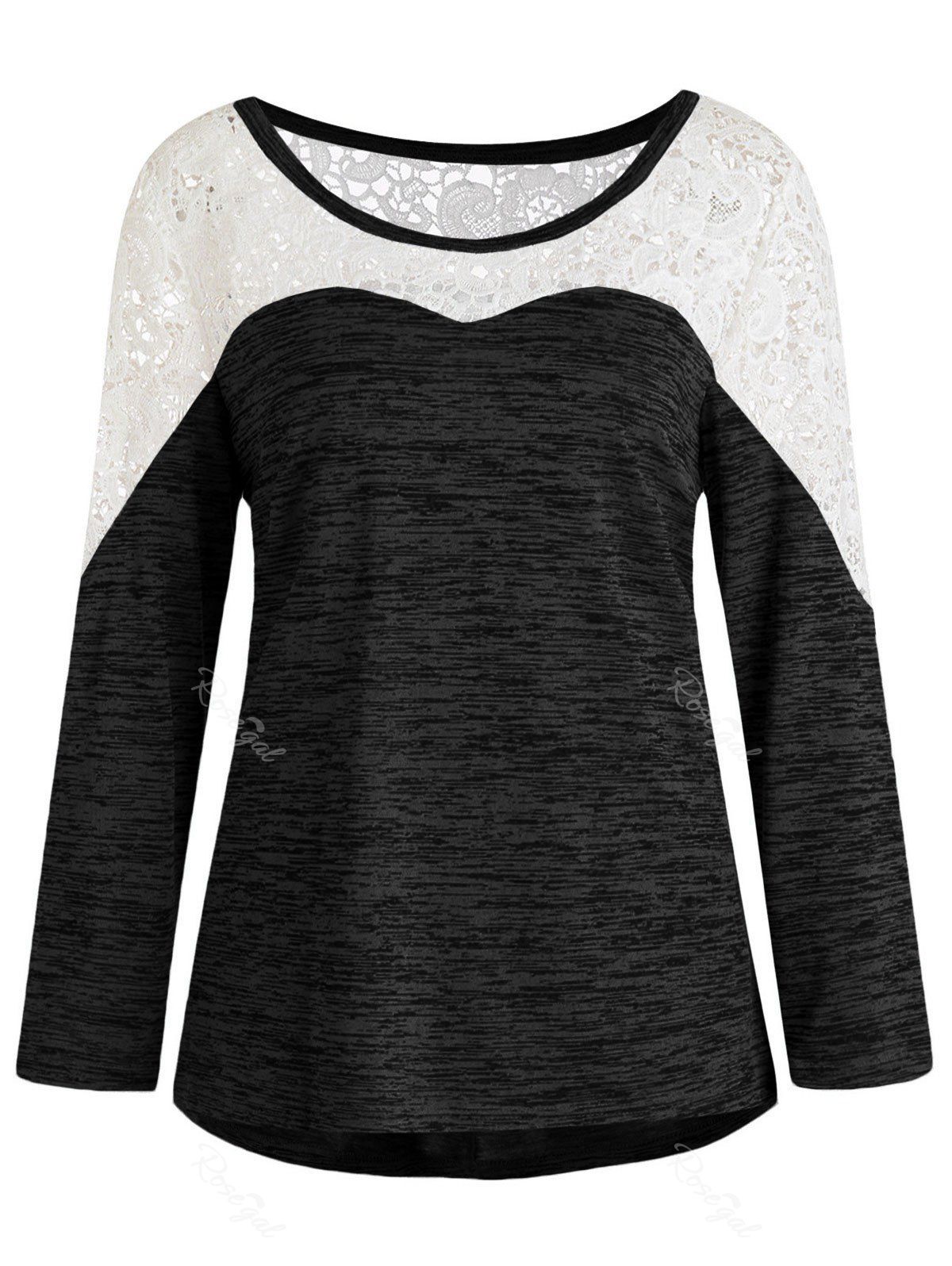 

Plus Size Lace Spliced Asymmetric Long Sleeves Tee, Black