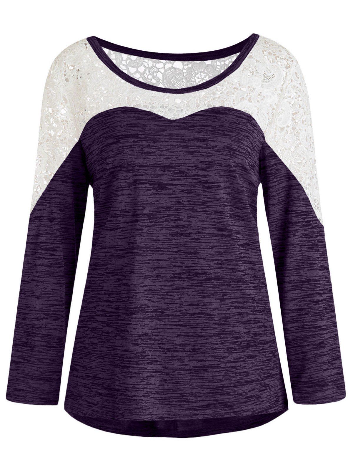 

Plus Size Lace Spliced Asymmetric Long Sleeves Tee, Purple iris