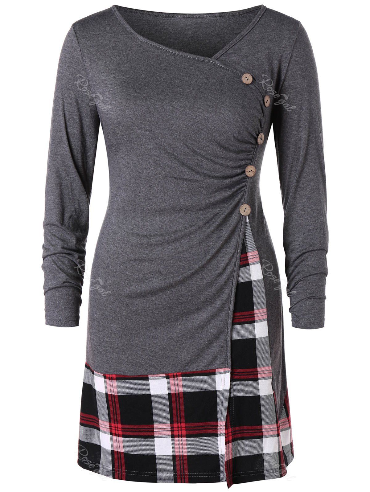 

Plus Size Buttons Plaid Long Tunic T-shirt, Dark gray