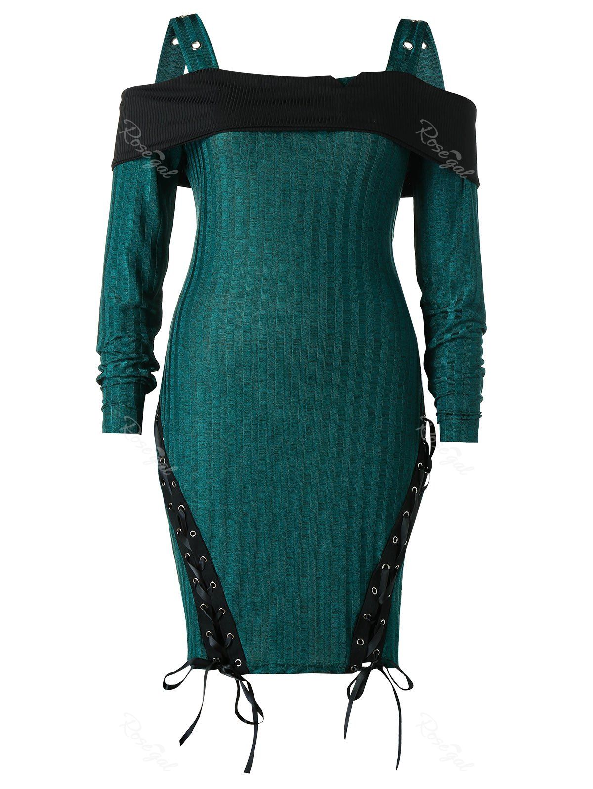 

Plus Size Cold Shoulder Lace Up Knitted Bodycon Dress, Dark green
