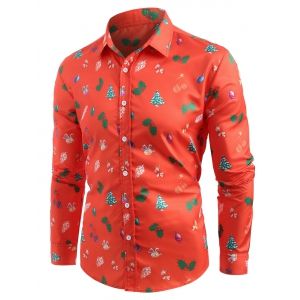 

Christmas Tree Printed Turn Down Collar Shirt, Bright orange